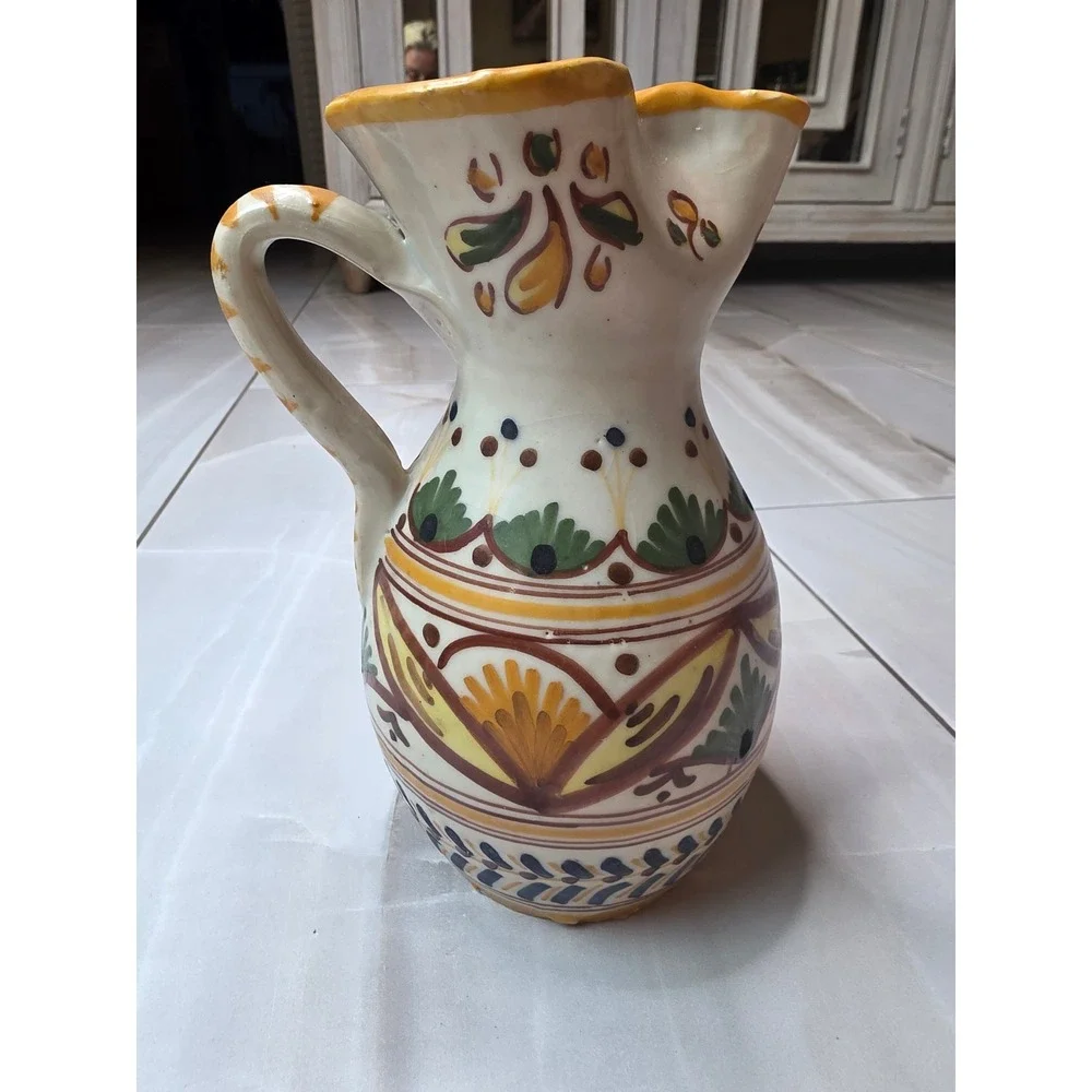 Vintage Toledo G.M. Spanish Hand‎ Painted Ceramic Pitcher Pottery Spouted Jug E1